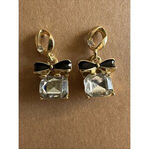 Elegant Gold Tone Clear Crystal Small Black Bow Pierced Earrings 1” Dainty